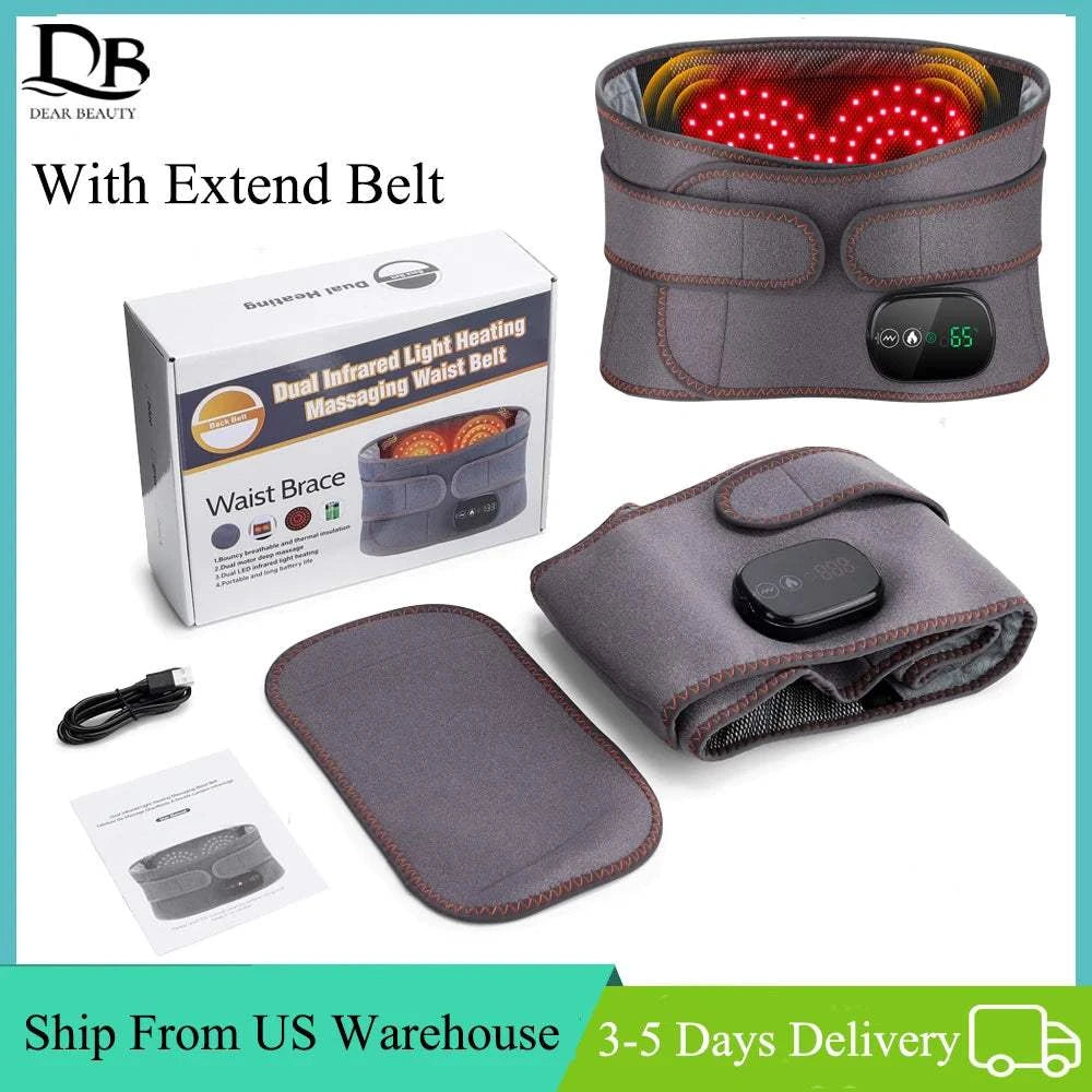 Electric Infrared Heating Waist Massage Belt Lumbar Support Brace Vibration Red Light Therapy Back Massager Pad With Extend Belt