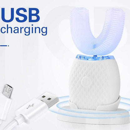 U-shaped silicone electric toothbrush for adults, automatic whitening, featuring 360° ultrasonic cleaning and USB charging.