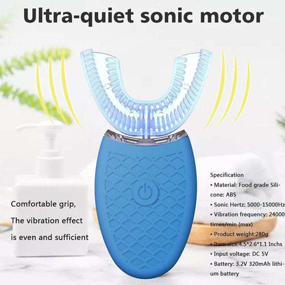 U-shaped electric toothbrush with sonic motor, blue food-grade silicone, automatic whitening.