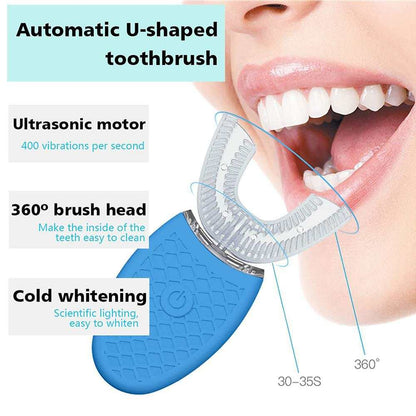 U-shaped electric toothbrush for adults with ultrasonic motor and 360° brush head for cold whitening.