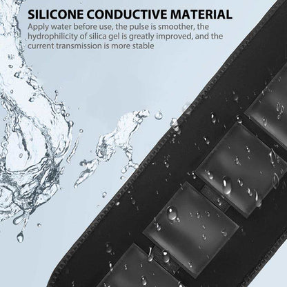 Smart EMS muscle stimulator belt with silicone conductive material for effective abdominal training.