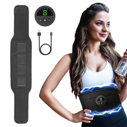 Smart EMS muscle stimulator belt with USB charger for abdominal fitness and muscle slimming.