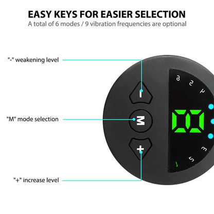 EMS muscle stimulator control panel with 6 modes and 9 vibration frequencies, featuring easy keys for mode and intensity selection.