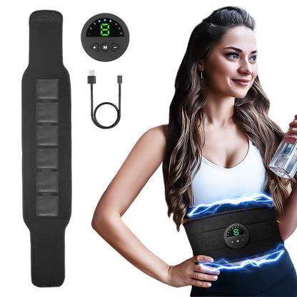 EMS muscle stimulator belt for abdominal training and slimming with USB charger and user manual.