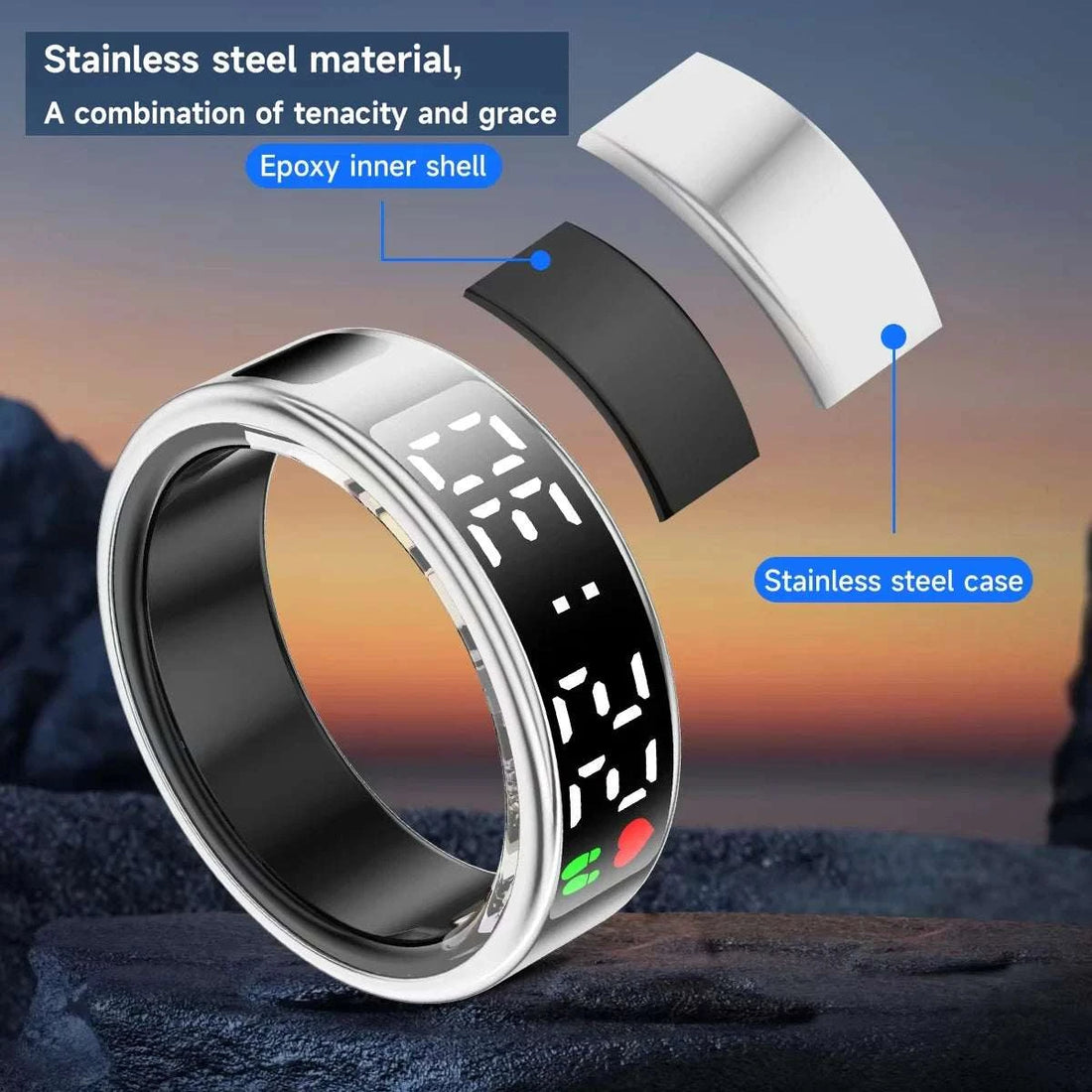 New SR08 Smart Ring LED Display Screen Heart Rate Sleeping Sports Modes Health Monitoring Men Women Stainless steel Sports Ring