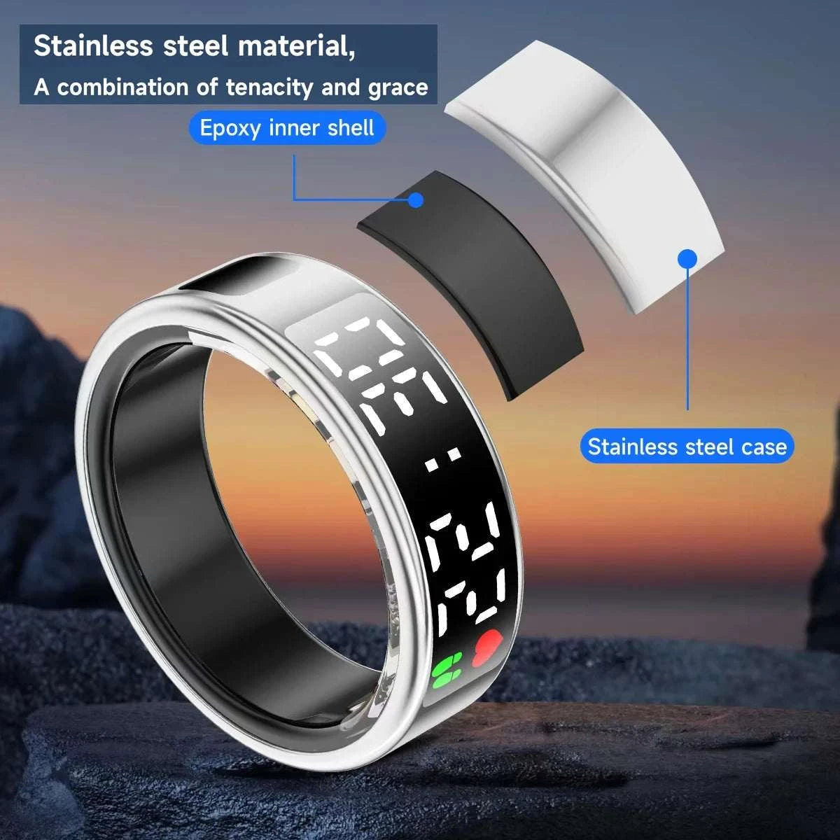 New SR08 Smart Ring LED Display Screen Heart Rate Sleeping Sports Modes Health Monitoring Men Women Stainless steel Sports Ring