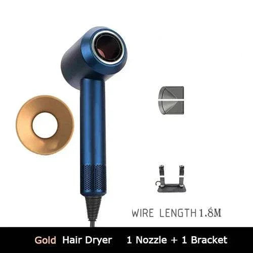 1.8m leafless hair dryer with strong airflow, compact design, gold nozzle, and 1 bracket for quick drying and travel use.