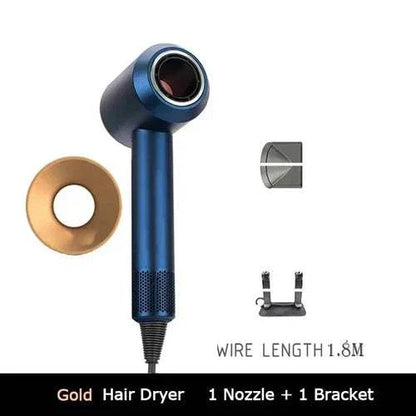 1.8m leafless hair dryer with strong airflow, compact design, gold nozzle, and 1 bracket for quick drying and travel use.