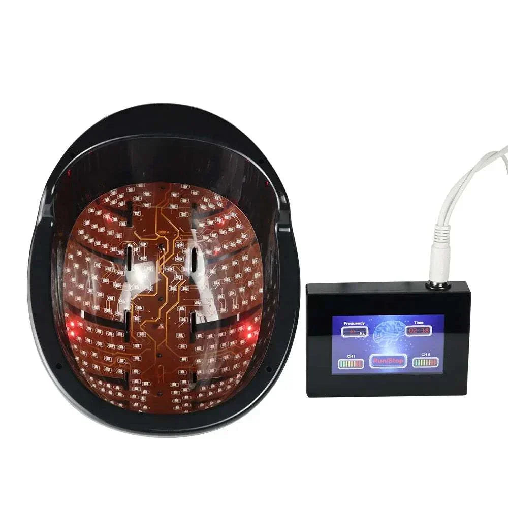 Infrared red light therapy helmet for brain stimulation with touchscreen controller, 810nm wavelength, black color.