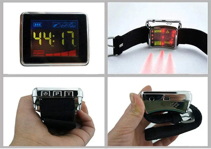 Cold laser therapy device with digital display and wrist strap for physical therapy.