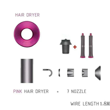 1.8m leafless hair dryer pink set with 7 nozzles, travel-friendly.