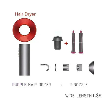 1.8m leafless hair dryer with strong power, purple design, 7 nozzle attachments, and travel-friendly features.