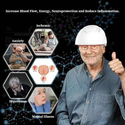 Red light therapy helmet for anxiety, depression, ischemic, mental illness treatment; increases blood flow, energy, neuroprotection; reduces inflammation.