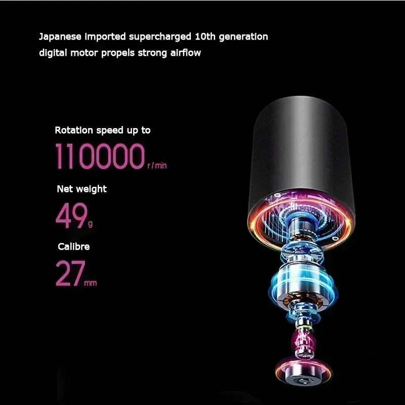 1.8m leafless hair dryer with supercharged digital motor for strong airflow, compact and travel-friendly design.