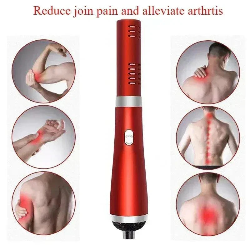 Red handheld Terahertz therapy wand for pain relief and arthritis treatment with heat therapy targeting joints, back, shoulders, and wrists.