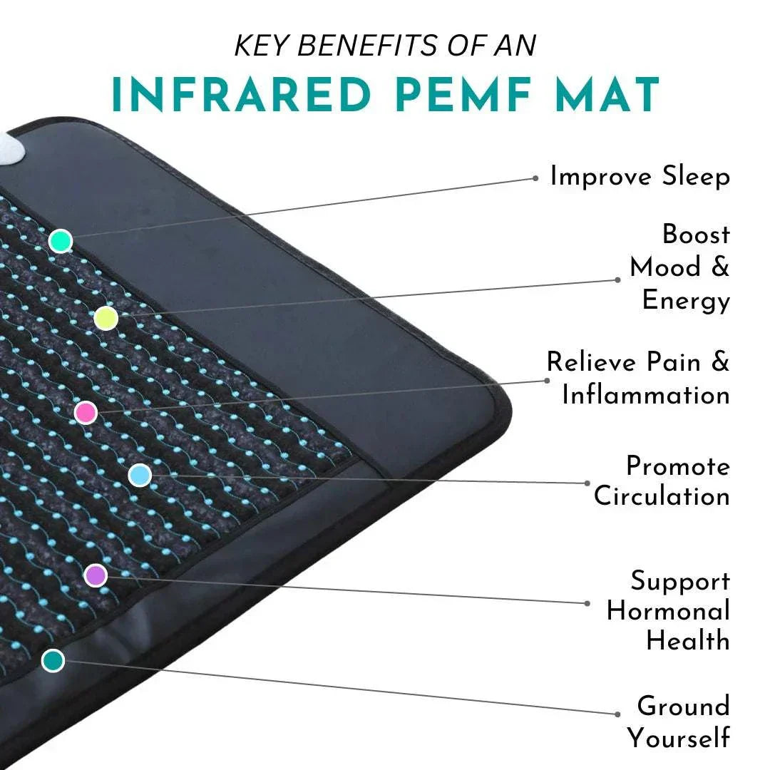 Electric Low EMF PEMF mat with amethyst and jade, benefits include improved sleep, mood enhancement, and pain relief.