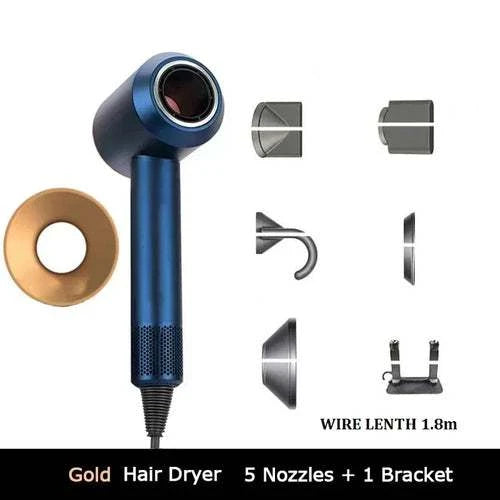 1.8m leafless hair dryer with strong power, quick dry technology, gold color, multiple nozzles and bracket.