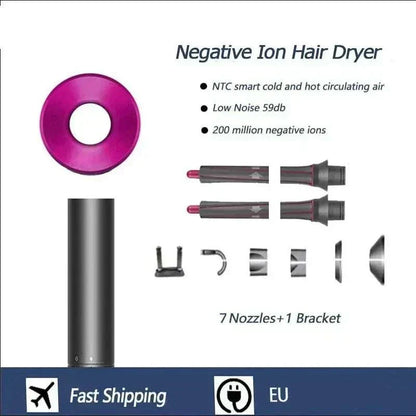 1.8m Leafless Hair Dryer with strong power, ion technology, and multiple nozzles for quick drying; ideal for travel use.