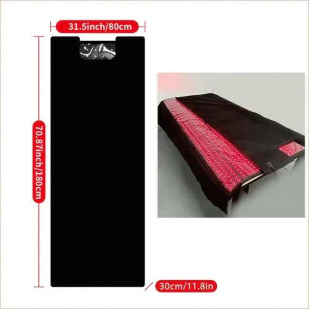2460 LEDs 3-in-1 infrared light therapy mat with dimensions and red LED strip.