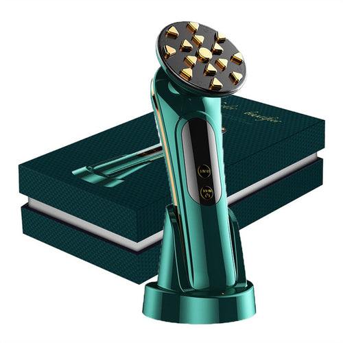 Facial massager with EMS micro-current and LED light, in dark green, for anti-aging and wrinkle reduction.