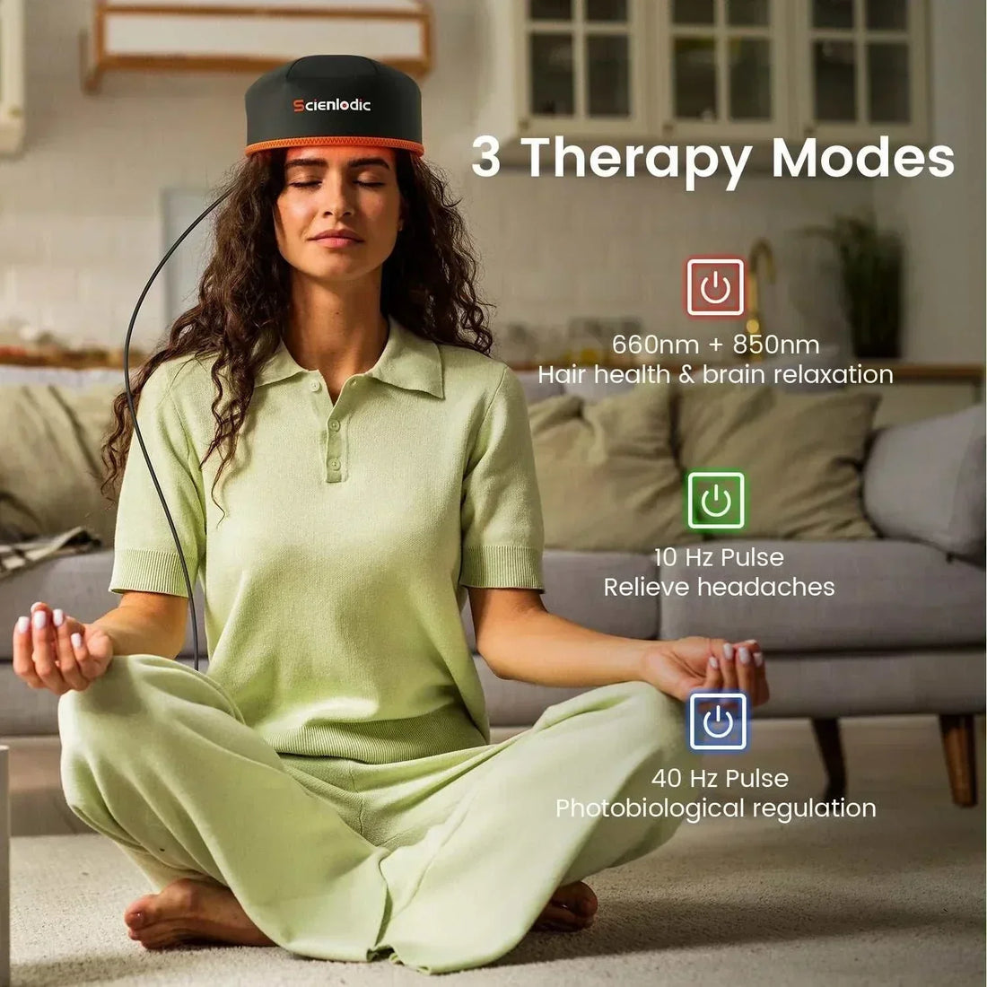 Red light therapy hair growth cap with three therapy modes for hair loss, featuring 660nm and 850nm wavelengths, suitable for home use.