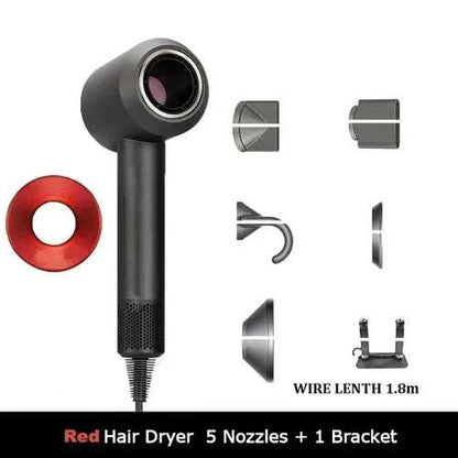 1.8m leafless hair dryer with strong power, five nozzles, and travel-friendly design.
