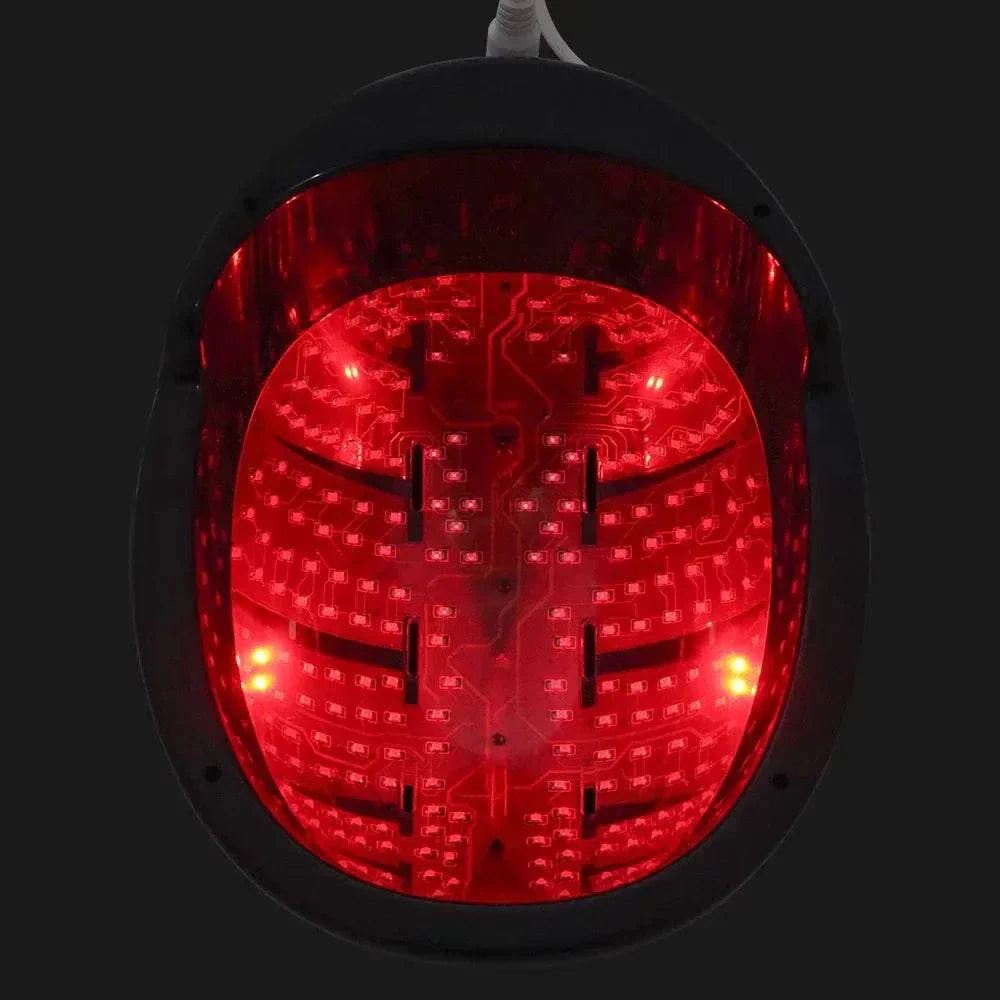 Infrared light therapy helmet with red LED for neuron stimulation and brain therapy.