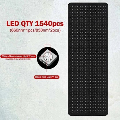 High irradiance red light therapy mat with 1540 LEDs, offering flicker-free 660nm and 850nm near-infrared wavelengths.