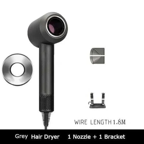 1.8m leafless hair dryer with strong power, quick drying for travel, grey with nozzle and bracket.