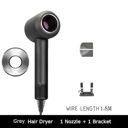 1.8m leafless hair dryer with strong power, quick drying for travel, grey with nozzle and bracket.