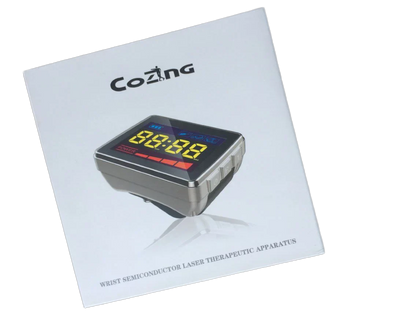 Cold laser therapy device for wrist, featuring a digital display, used for physical and thermal energy treatments.