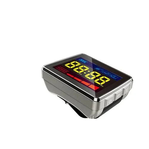 Cold laser therapy device with digital display for physical therapy.