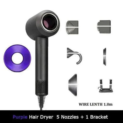 1.8m leafless hair dryer with strong power, quick-dry capabilities, travel-friendly design, and multiple nozzles.