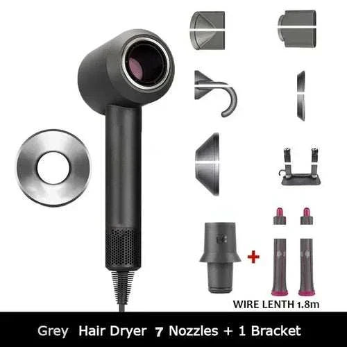 1.8m leafless hair dryer with multiple nozzles, strong power, quick dry, travel-friendly design.