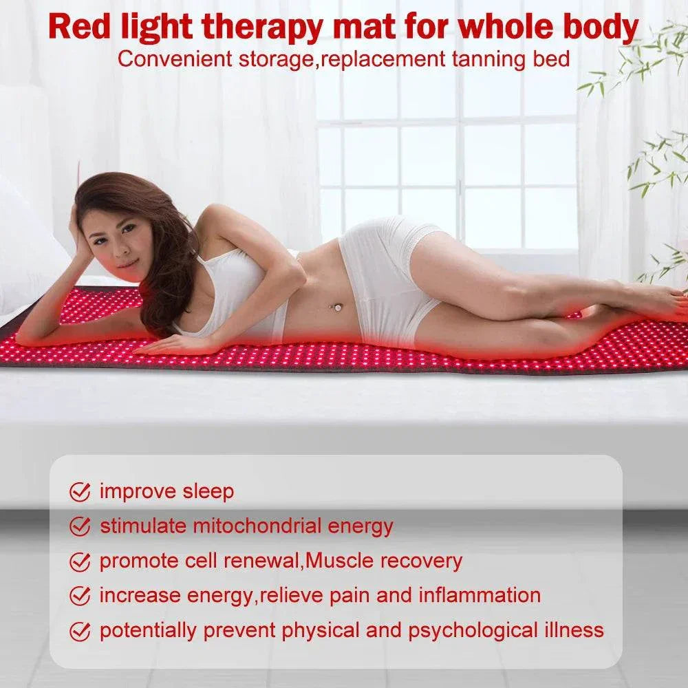 Red light therapy mat for whole body use, convenient storage, and tanning bed replacement.