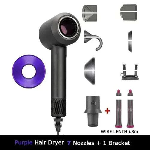 1.8m leafless hair dryer, strong power, quick dry, travel-friendly, includes 7 nozzles and 1 bracket.