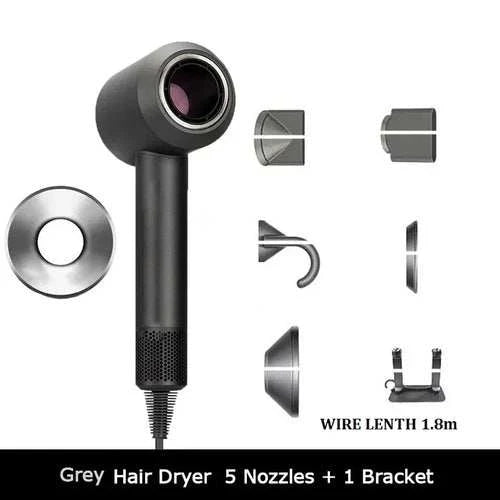 1.8m leafless hair dryer with strong power, quick-dry feature, and travel-friendly design; includes 5 nozzles and 1 bracket.
