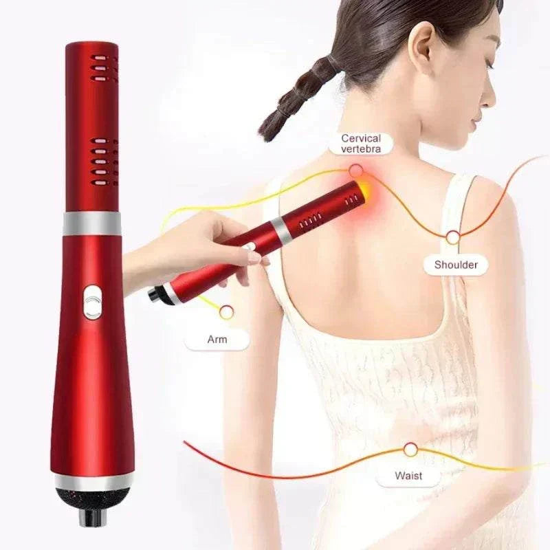 Red portable Terahertz therapy wand used for pain relief on neck, shoulder, arm, and waist areas