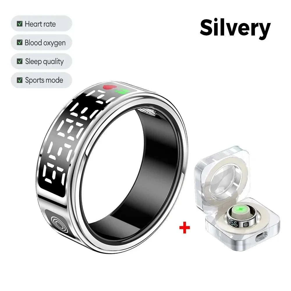 New SR08 Smart Ring LED Display Screen Heart Rate Sleeping Sports Modes Health Monitoring Men Women Stainless steel Sports Ring