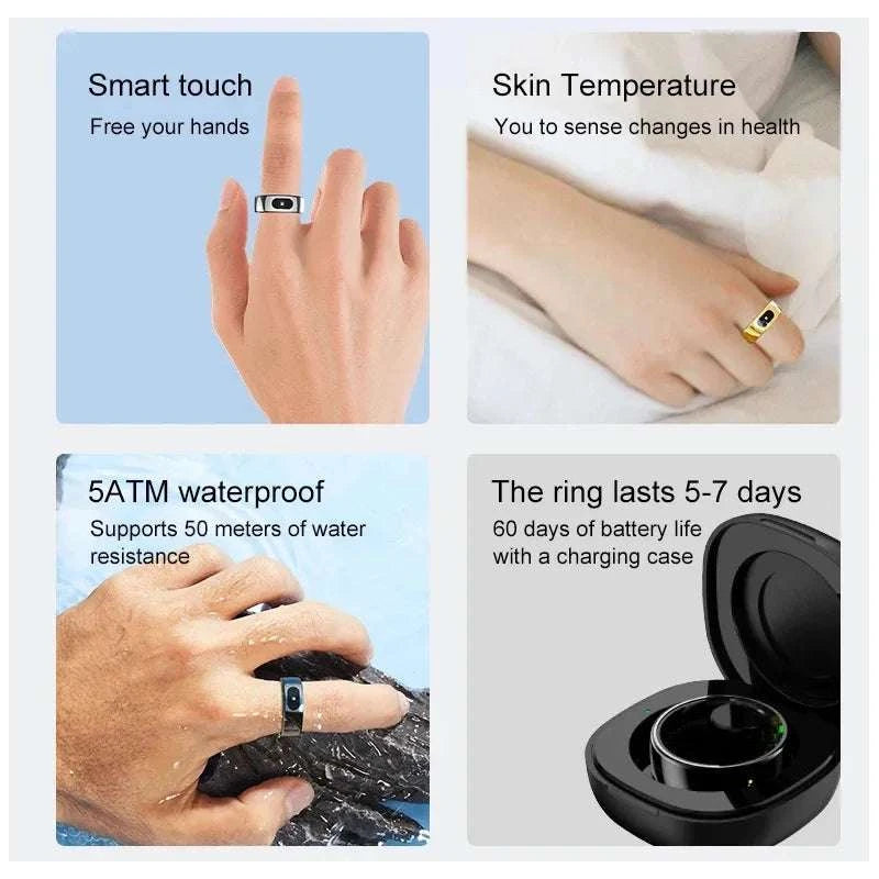 Smart Ring with Charging Case for Skin Temperature Measure,Message Call Reminder,Sport Health Sleep Monitor,IP68 5ATM Waterproof