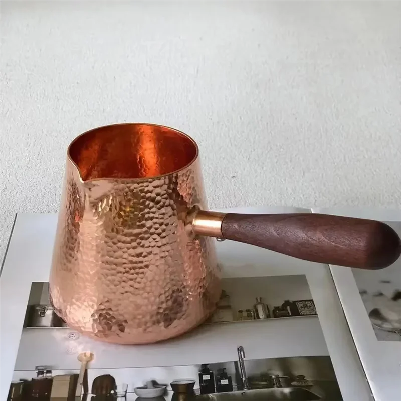 500Ml Pure Copper Latte Pitcher Milk Jug With Wooden Handle Kettles Hammer Handcraft Drinkware Tableware