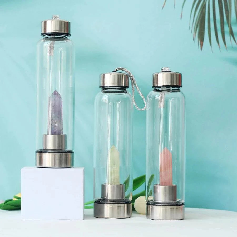 550ML Water Bottle Natural Crystal Stone Diamond Point Healing Obelisk Wand Elixir Quartz Crystal Gem Colors Water Bottle Home