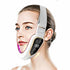 Face lifting massager with strap, designed to tighten and lift facial skin for a V-face, featuring light-emitting diode, heat, and vibration massage technology.
