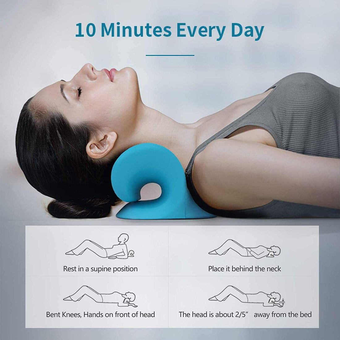 Neck Cloud neck stretcher for pain relief and cervical traction in use, demonstrating ergonomic design and instructions for daily 10-minute practice.