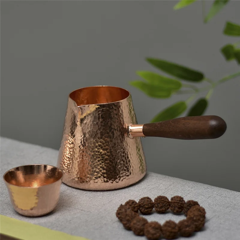 500Ml Pure Copper Latte Pitcher Milk Jug With Wooden Handle Kettles Hammer Handcraft Drinkware Tableware