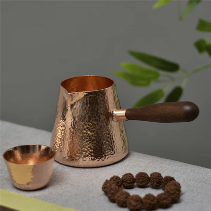 500Ml Pure Copper Latte Pitcher Milk Jug With Wooden Handle Kettles Hammer Handcraft Drinkware Tableware