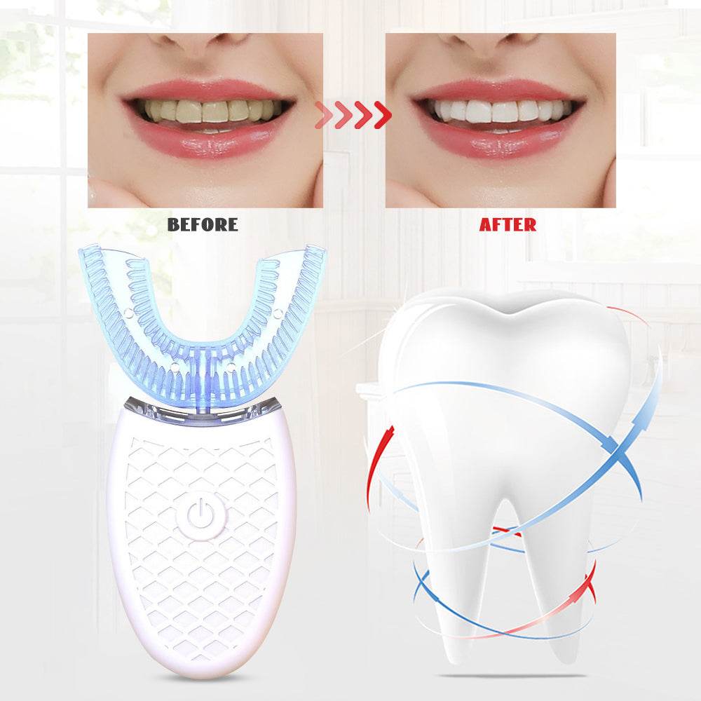 U-shaped electric toothbrush for adults with whitening before and after results.